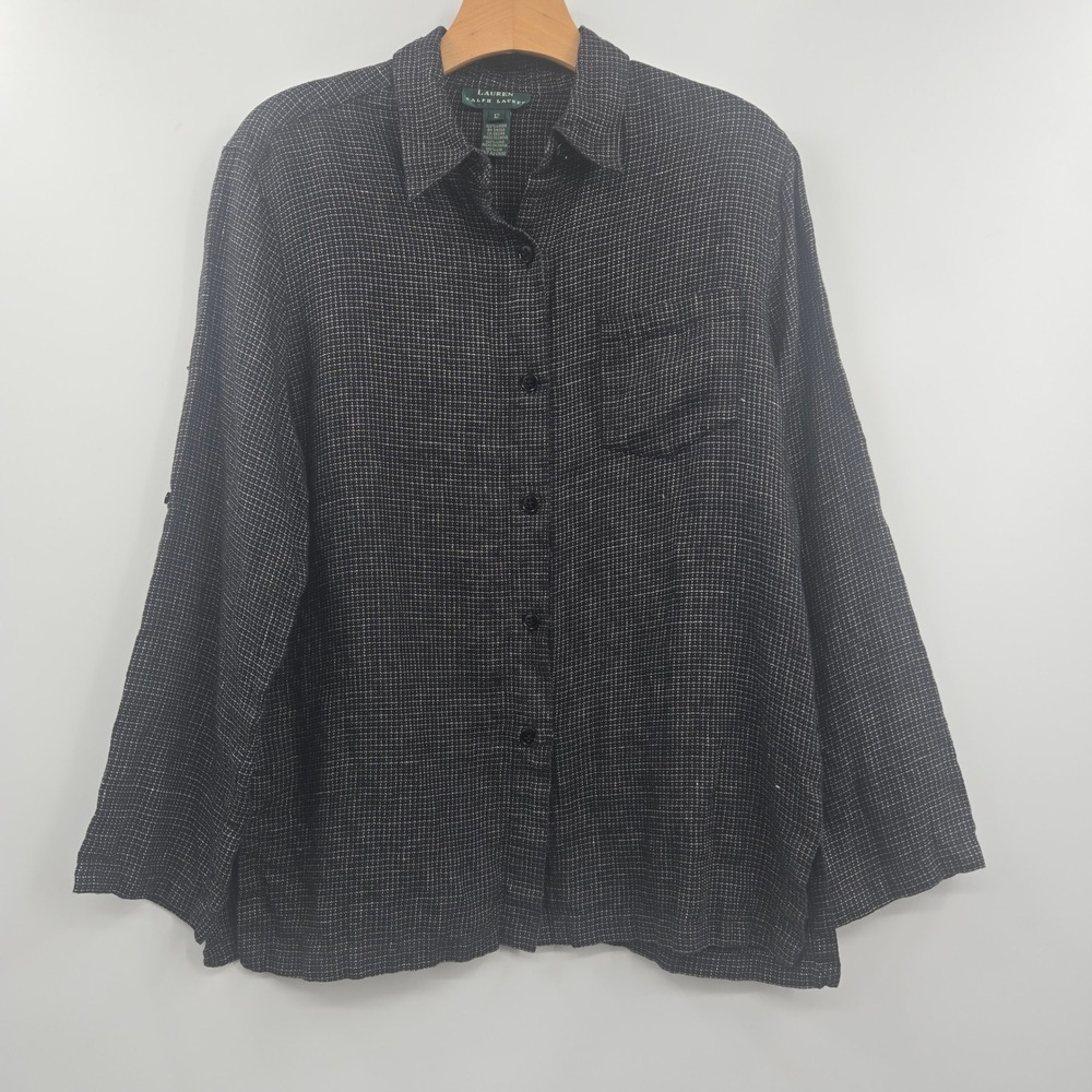 Lauren Ralph Lauren Womens 12 Linen Button Down Shirt Black White Grid Roll Tab